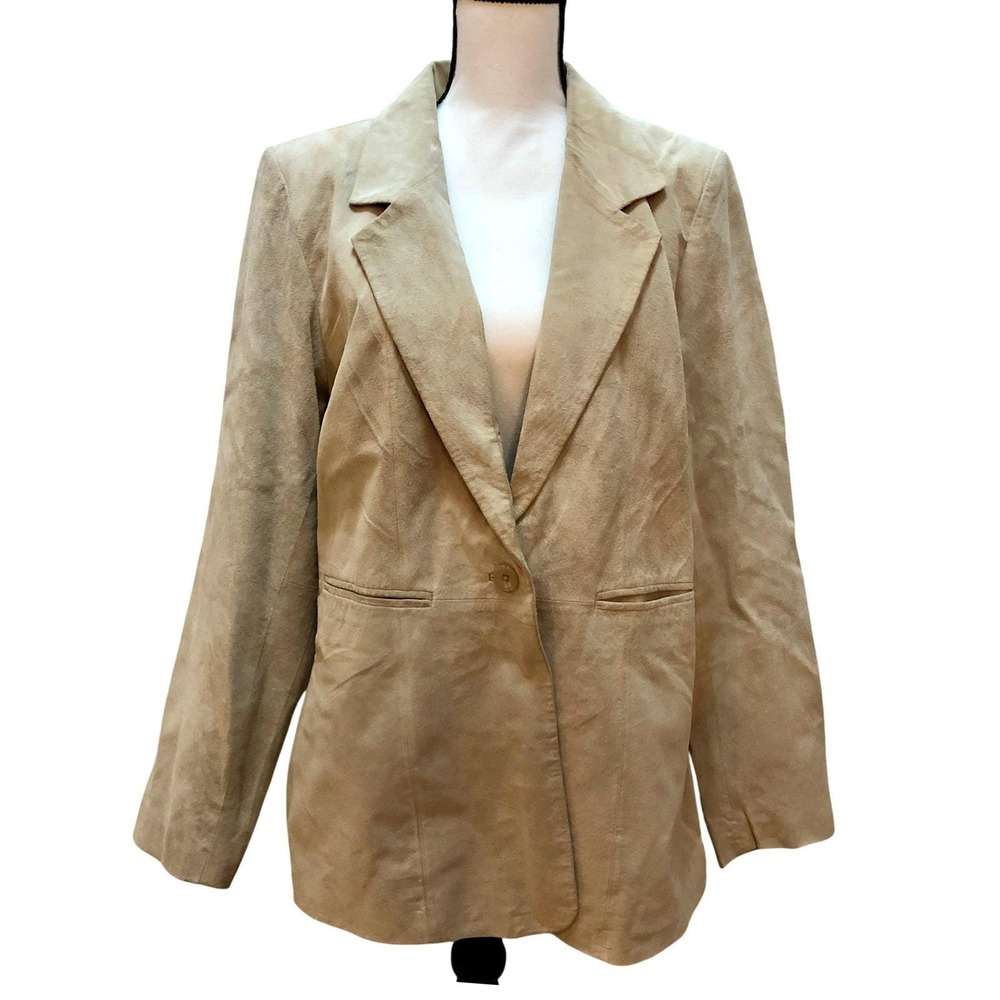 Denim & Co Suede Leather Blazer Womens Large Tan Lined Jacket Neutral Cowboy 90s